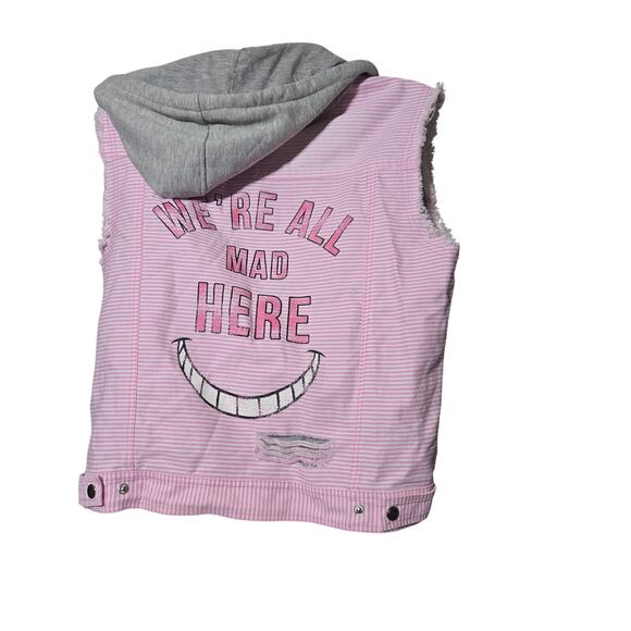 Oh My Disney Women's M “We’re All Mad Here” Pink Striped Distressed Hoodie Y2K M - Picture 5 of 11